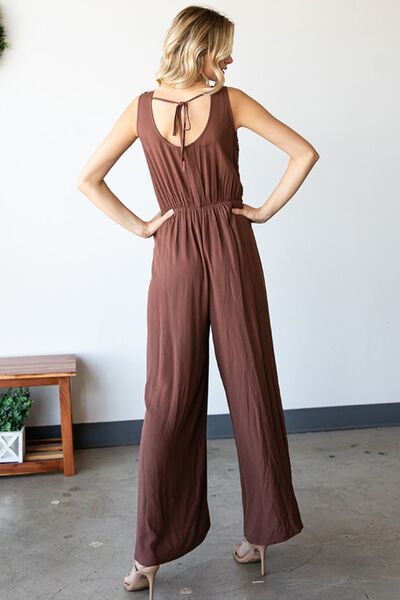 First Love Tie Back Sleeveless Slit Wide Leg Jumpsuit - AllIn Computer