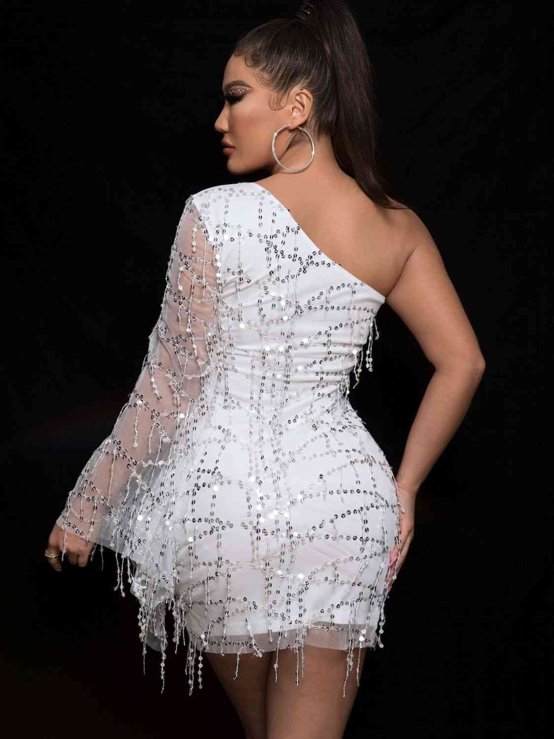 Sequin One Shoulder Spliced Mesh Sleeve Dress - AllIn Computer