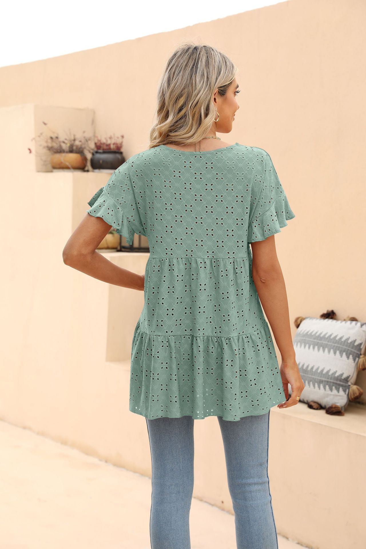 Openwork Round Neck Flounce Sleeve Blouse - AllIn Computer