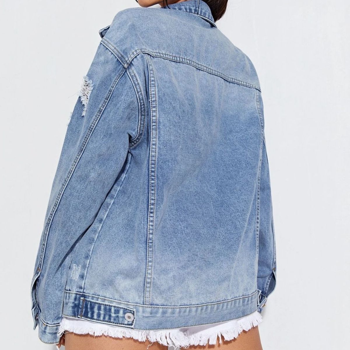 Collared Neck Button-Up Distressed Denim Jacket - AllIn Computer