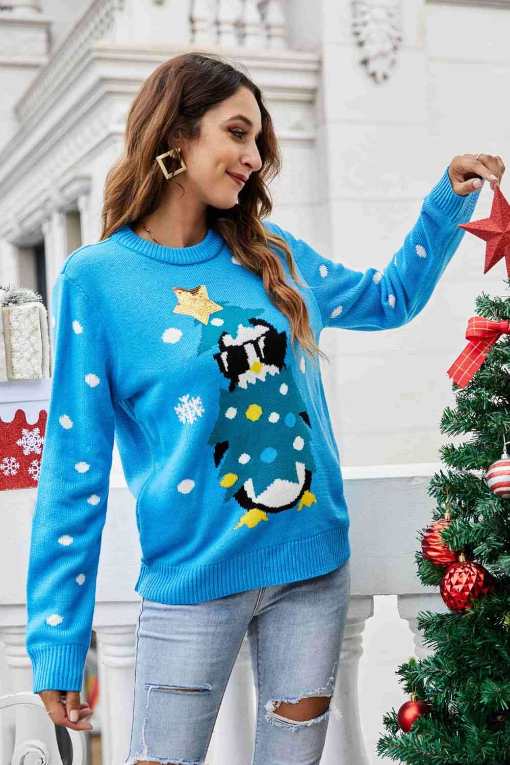 Christmas Penguin Graphic Sequin Sweater - AllIn Computer