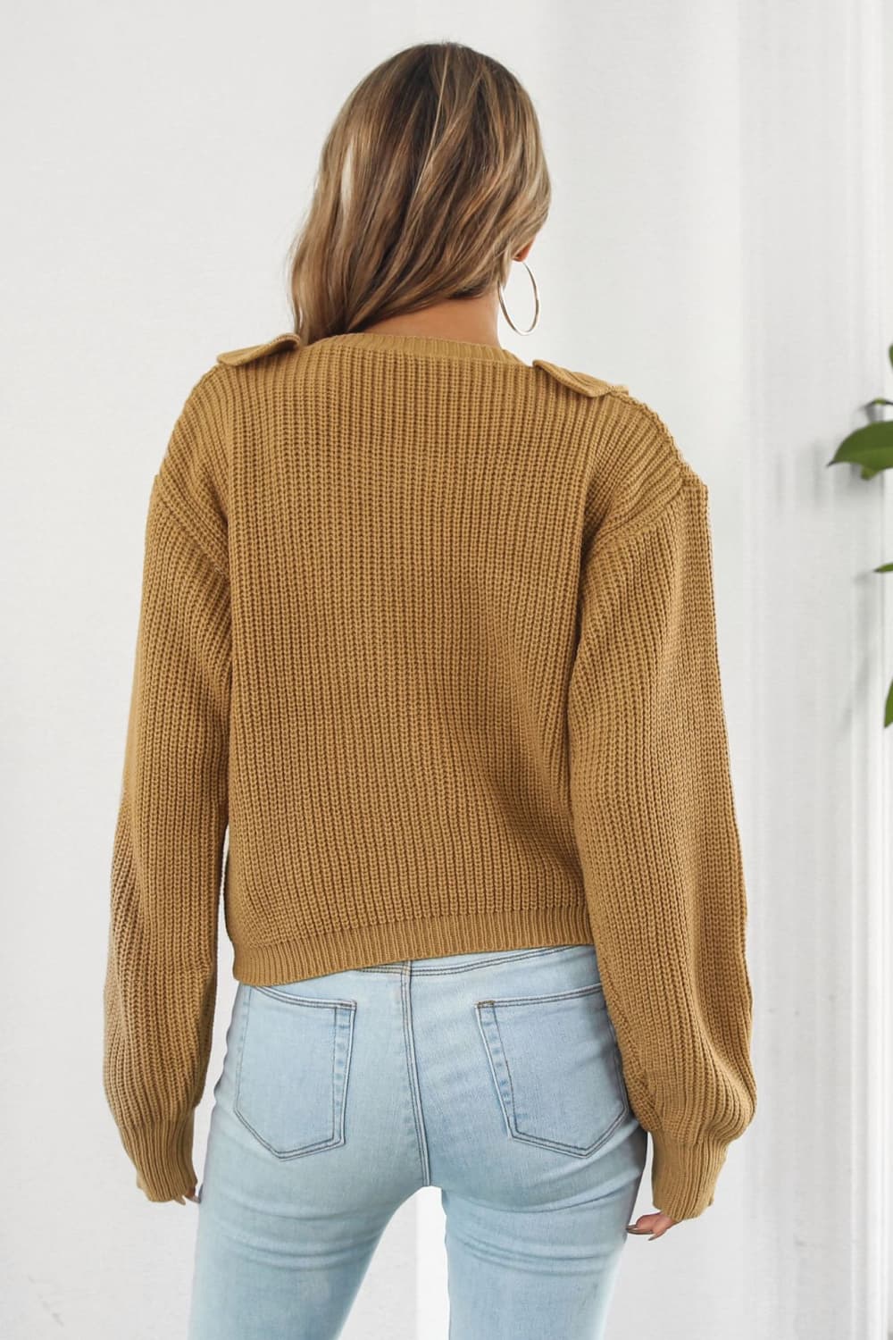 Ruffle Trim Button-Down Dropped Shoulder Sweater - AllIn Computer