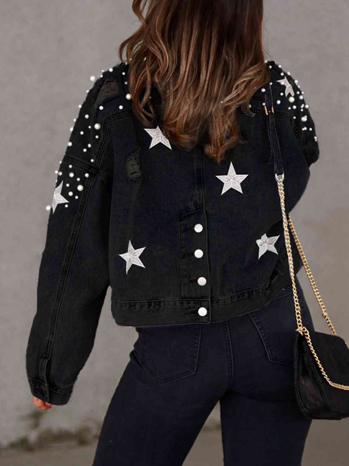 Pearl Trim Button Up Denim Jacket with Pockets - AllIn Computer