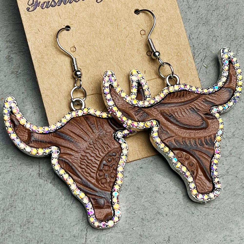 Rhinestone Trim Alloy Bull Earrings - AllIn Computer