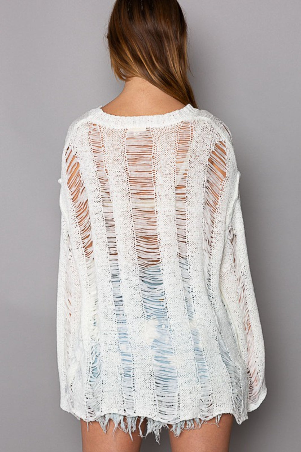POL Distressed Round Neck Long Sleeve Knit Cover Up - AllIn Computer
