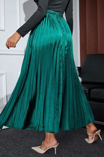 Pleated Elastic Waist Midi Skirt - AllIn Computer