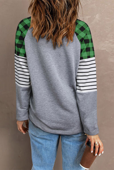 Sequin Plaid Round Neck Sweatshirt - AllIn Computer