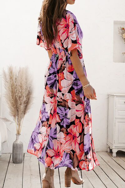 Plunge Split Printed Short Sleeve Dress - AllIn Computer