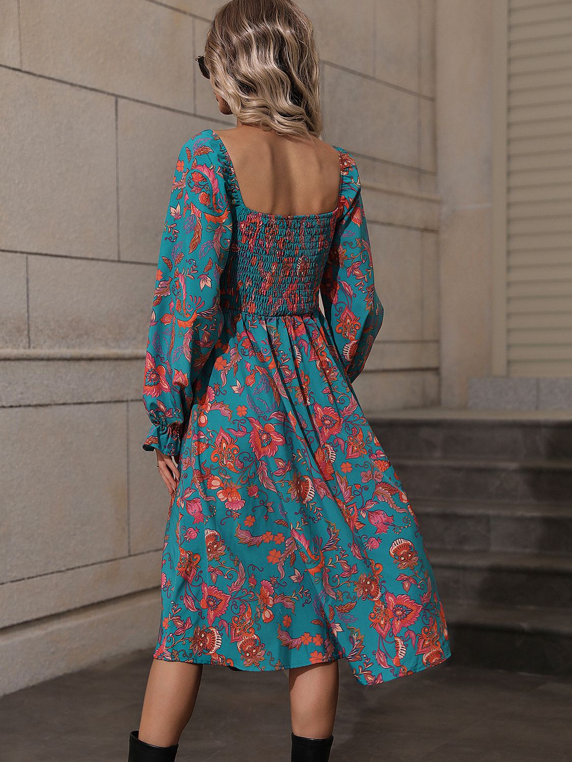 Printed Square Neck Flounce Sleeve Dress - AllIn Computer