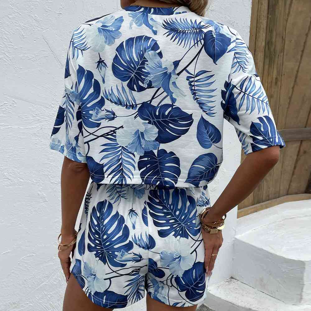 Floral Print Round Neck Dropped Shoulder Top and Shorts Set - AllIn Computer