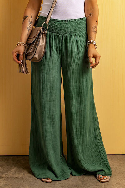 Smocked Waist Texture Wide Leg Pants - AllIn Computer