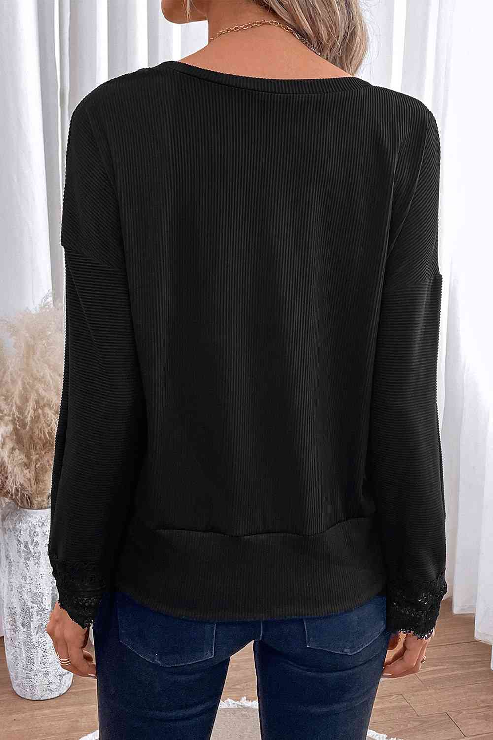 Spliced Lace V-Neck Ribbed Top - AllIn Computer