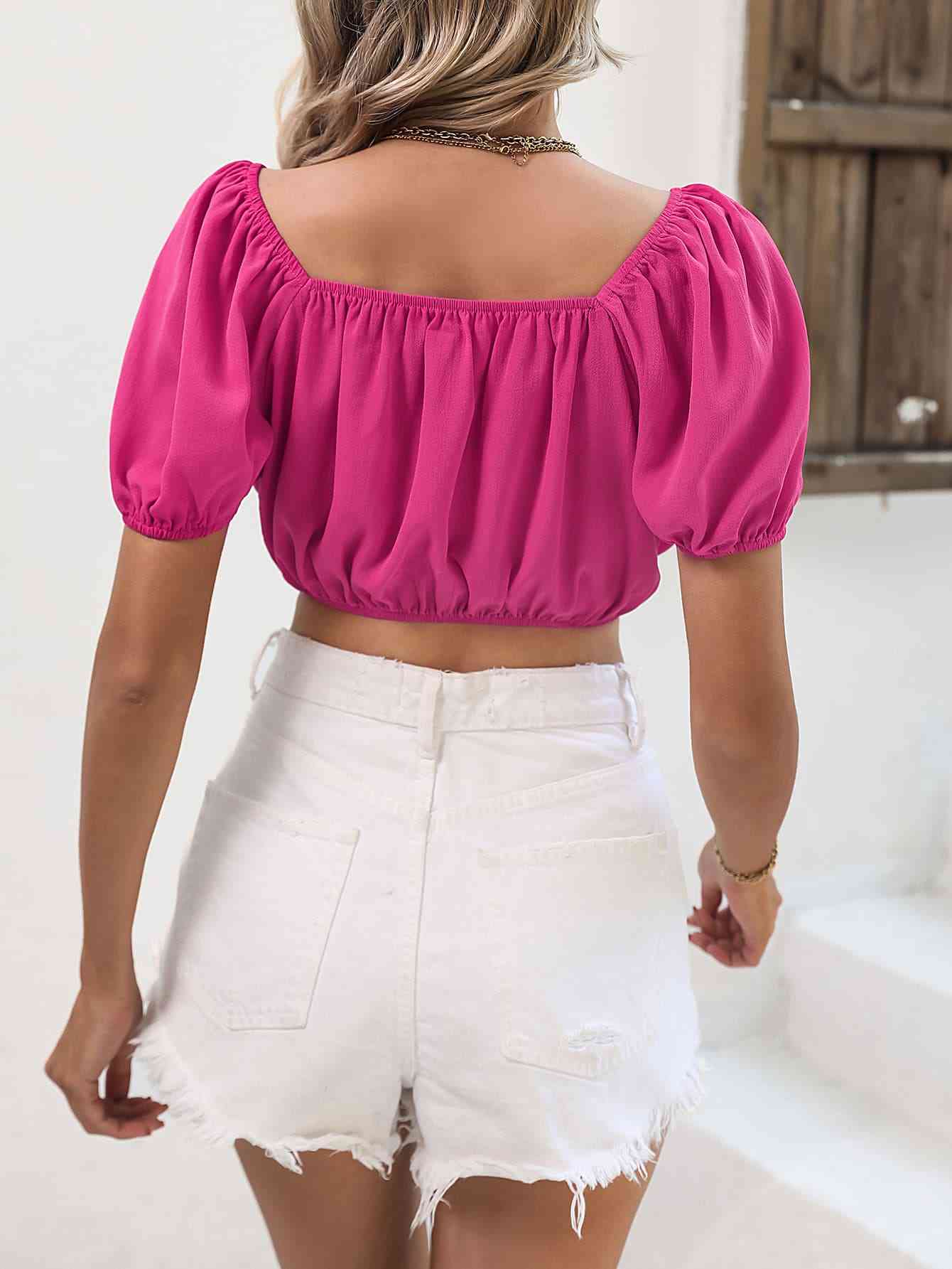 Contrast Puff Sleeve Crop Top - AllIn Computer