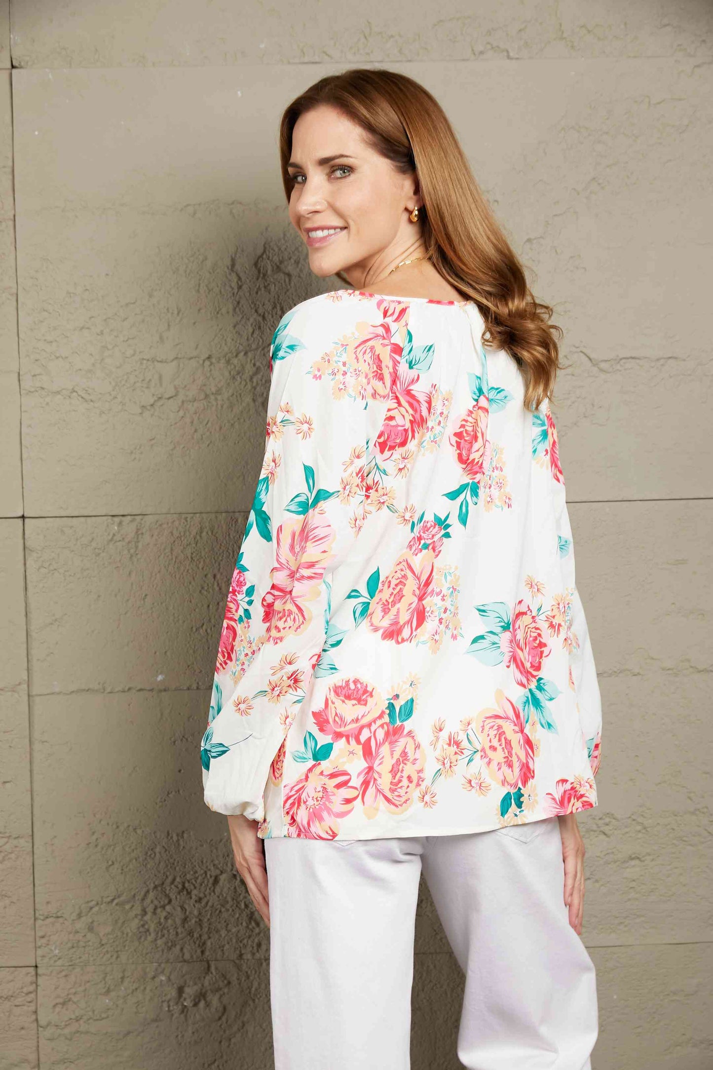 Double Take Floral Notched Neck Long Sleeve Blouse - AllIn Computer