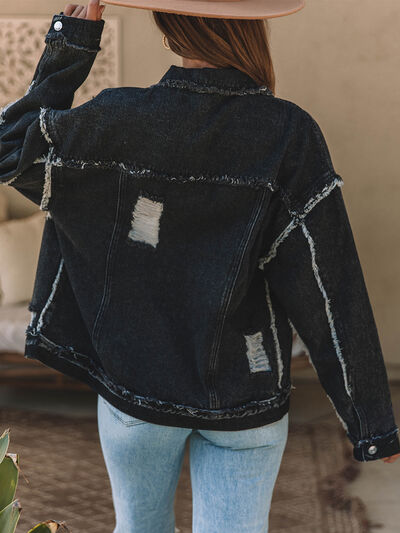 Button Up Raw Hem Distressed Denim Jacket - AllIn Computer