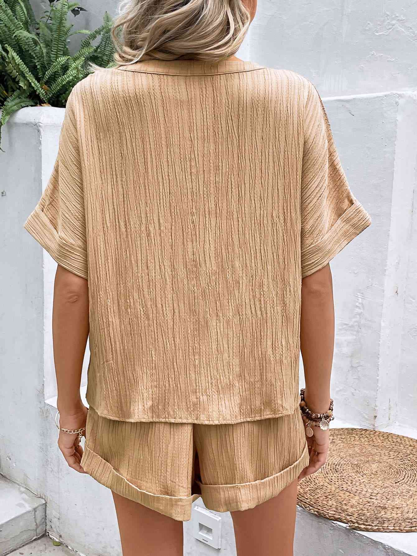Textured Notched Neck Top and Shorts Set - AllIn Computer