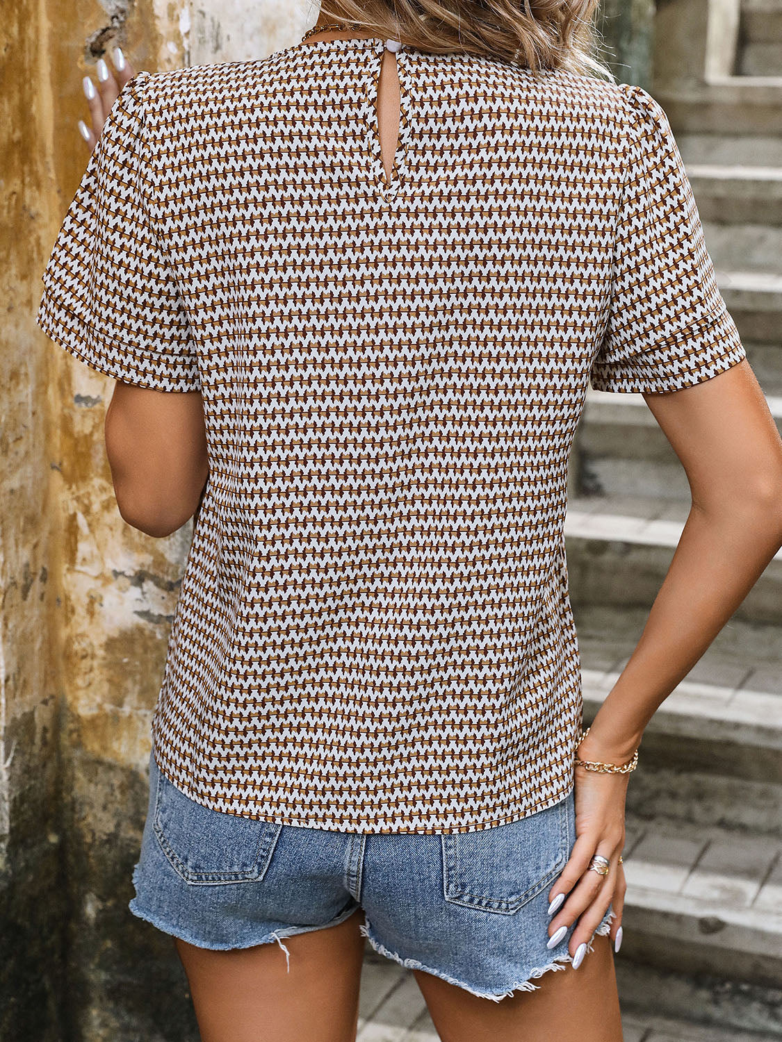 Printed Round Neck Short Sleeve Blouse - AllIn Computer