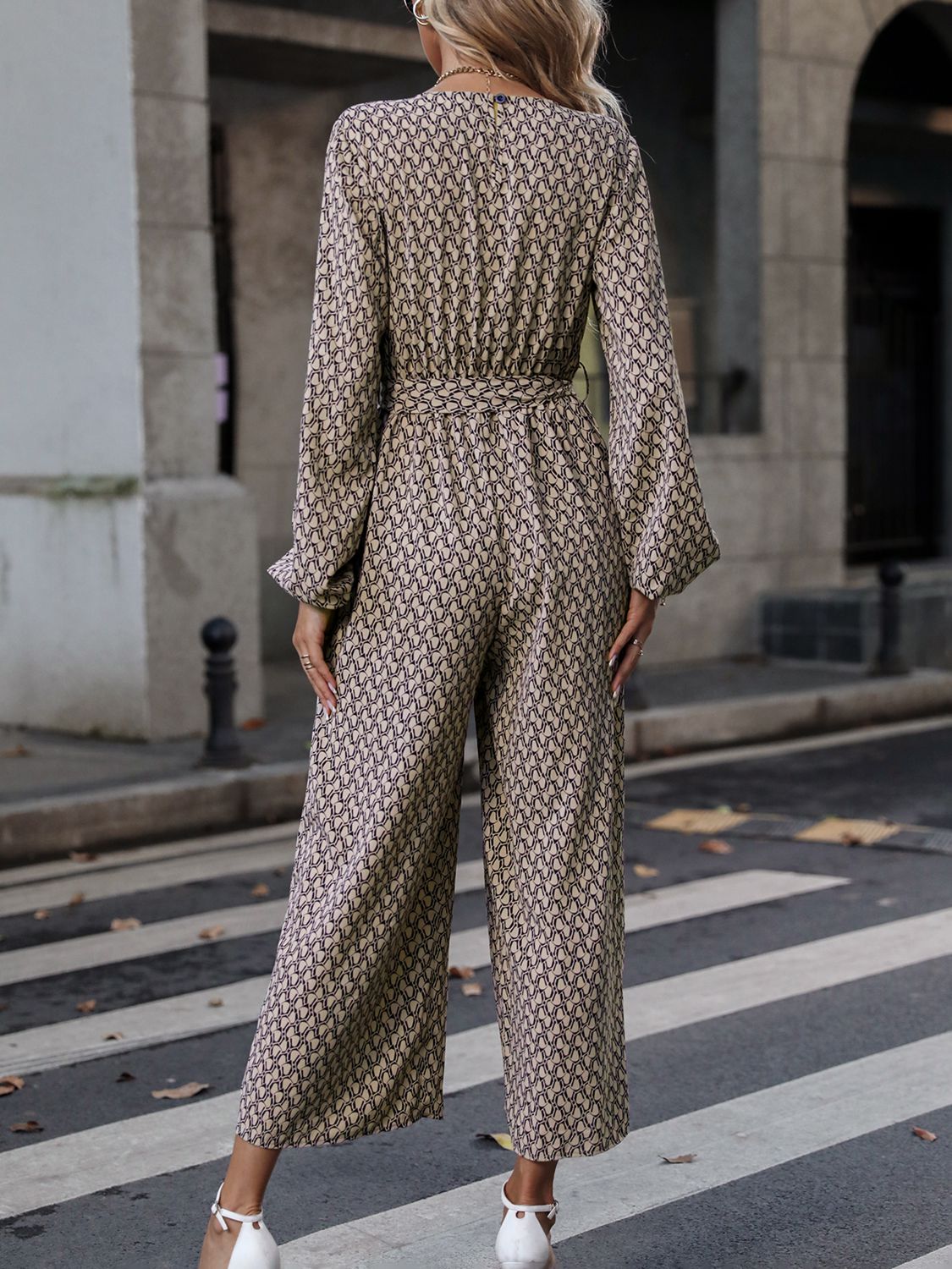 Printed Surplice Neck Tie Waist Wide Leg Jumpsuit - AllIn Computer