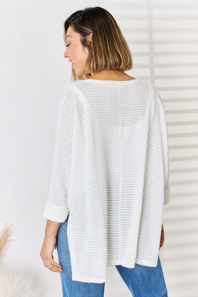 Zenana Full Size Waffle Knit V-Neck Long Sleeve Slit Top - AllIn Computer