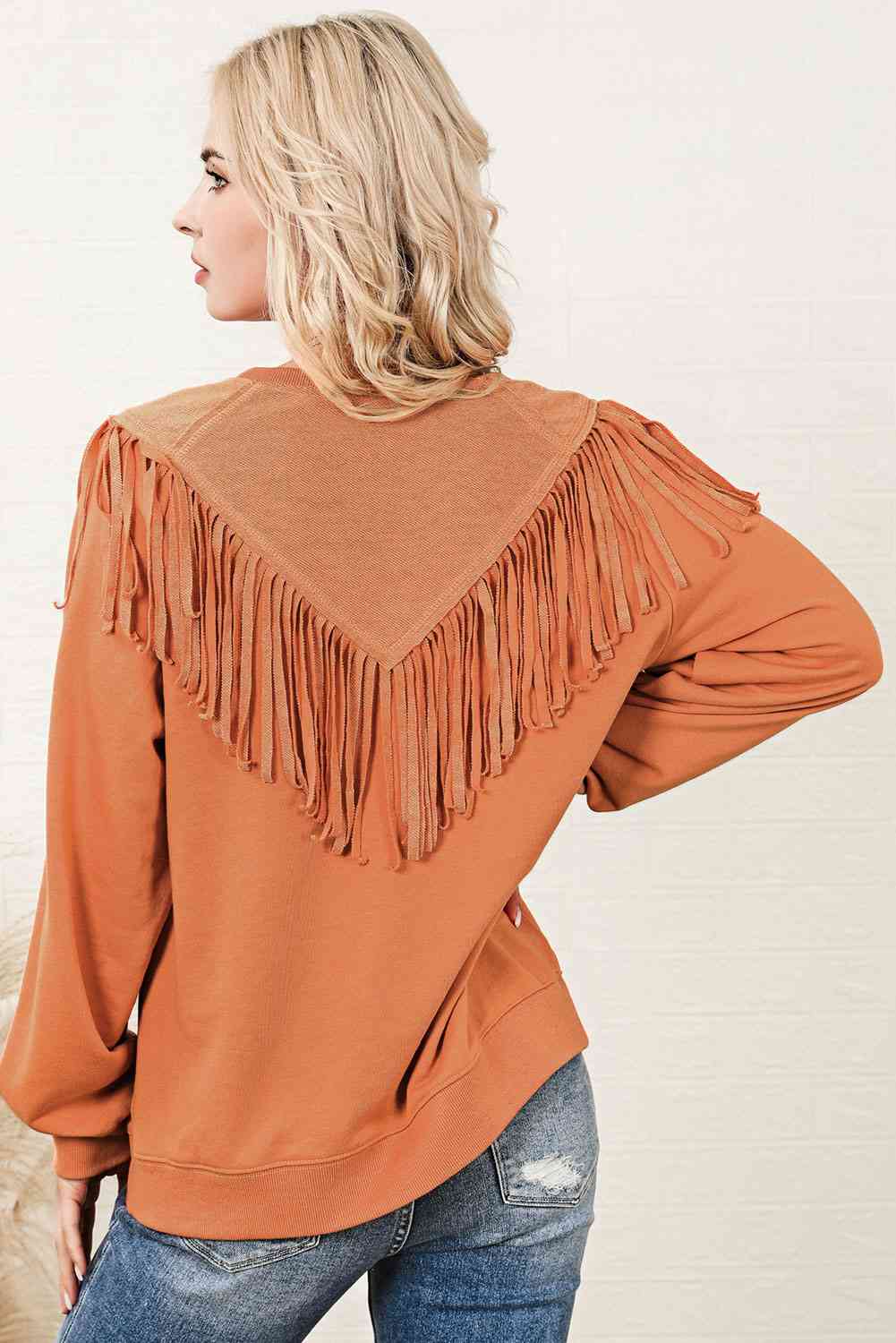 Fringe Trim Round Neck Sweatshirt - AllIn Computer