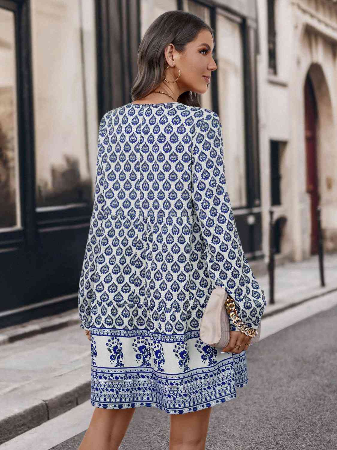 Printed Tie Neck Long Sleeve Dress - AllIn Computer