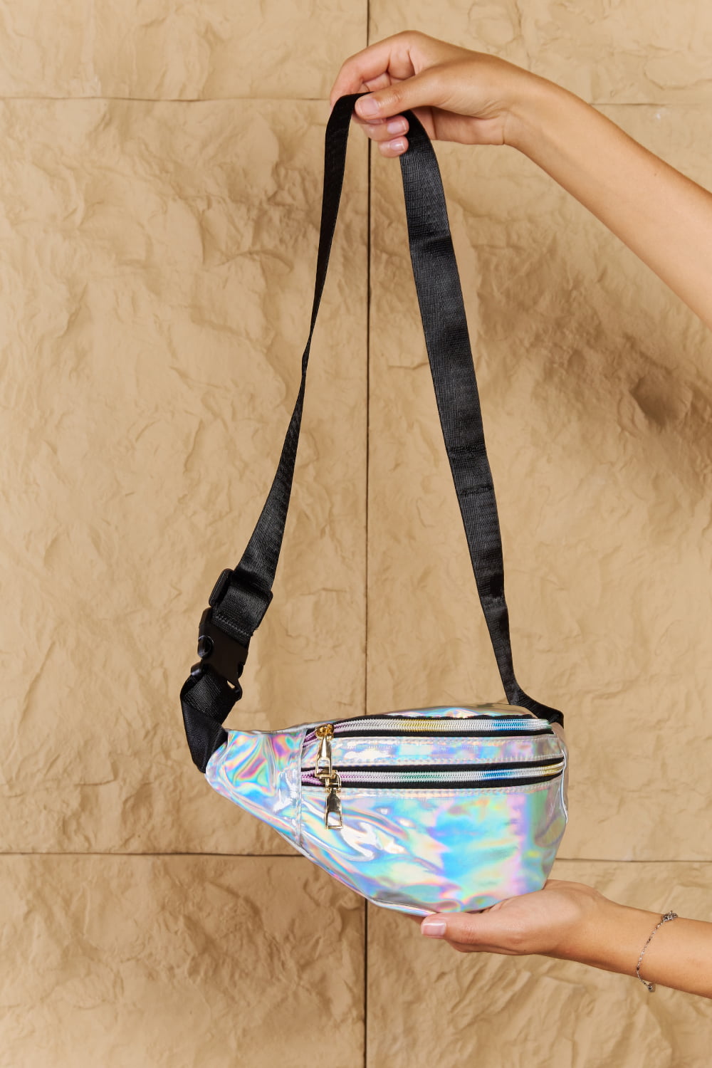Fame Good Vibrations Holographic Double Zipper Fanny Pack in Silver - AllIn Computer