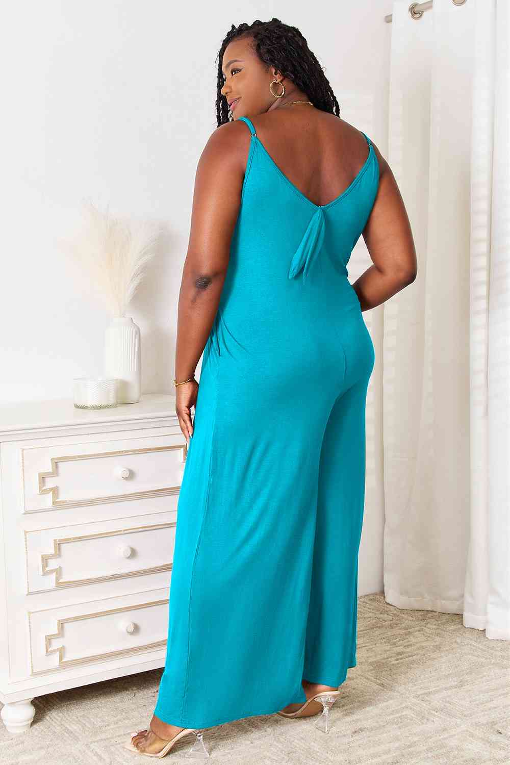 Double Take Full Size Soft Rayon Spaghetti Strap Tied Wide Leg Jumpsuit - AllIn Computer