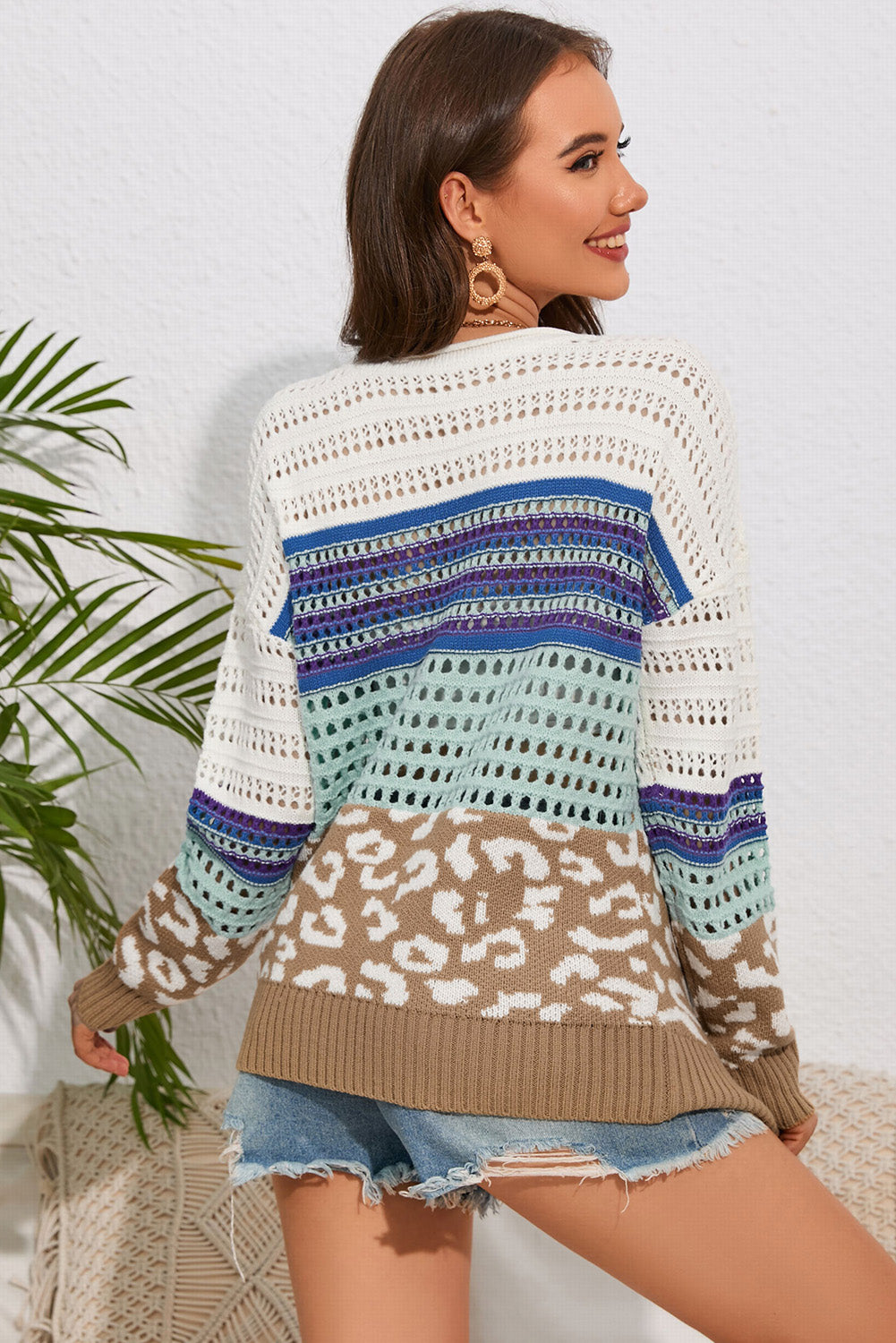 Round Neck Openwork Long Sleeve Knit Top - AllIn Computer