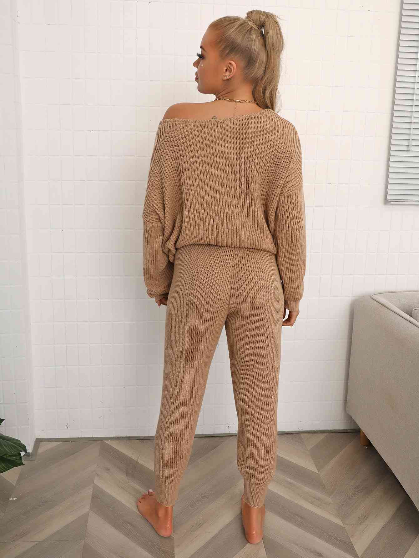 Dolman Sleeve Sweater and Knit Pants Set - AllIn Computer