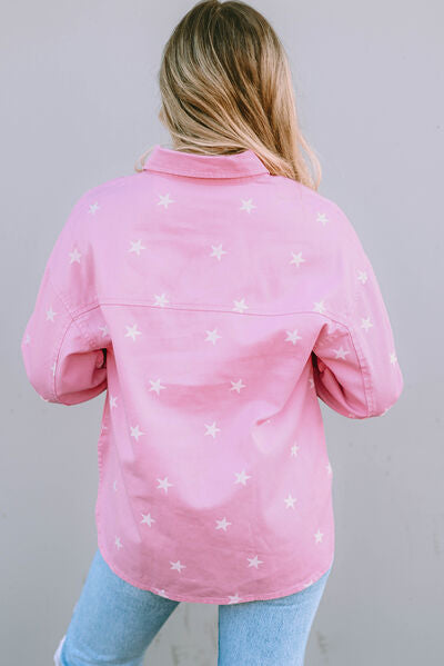 Star Pattern Button Up Slit Denim Jacket - AllIn Computer