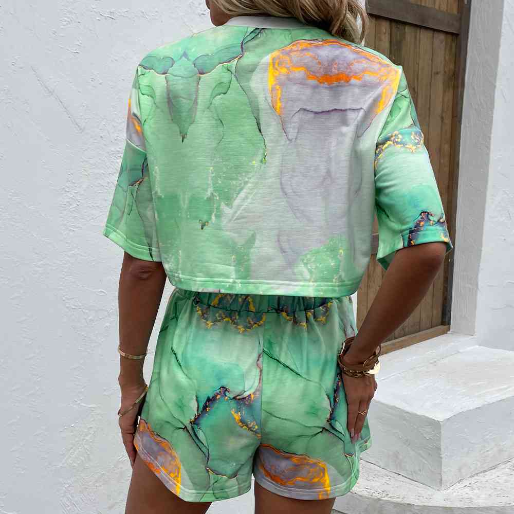 Printed Round Neck Dropped Shoulder Half Sleeve Top and Shorts Set - AllIn Computer