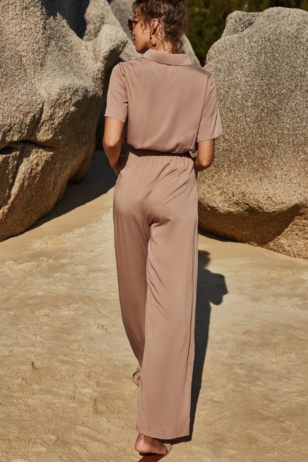 Zip Up Short Sleeve Collared Jumpsuit - AllIn Computer