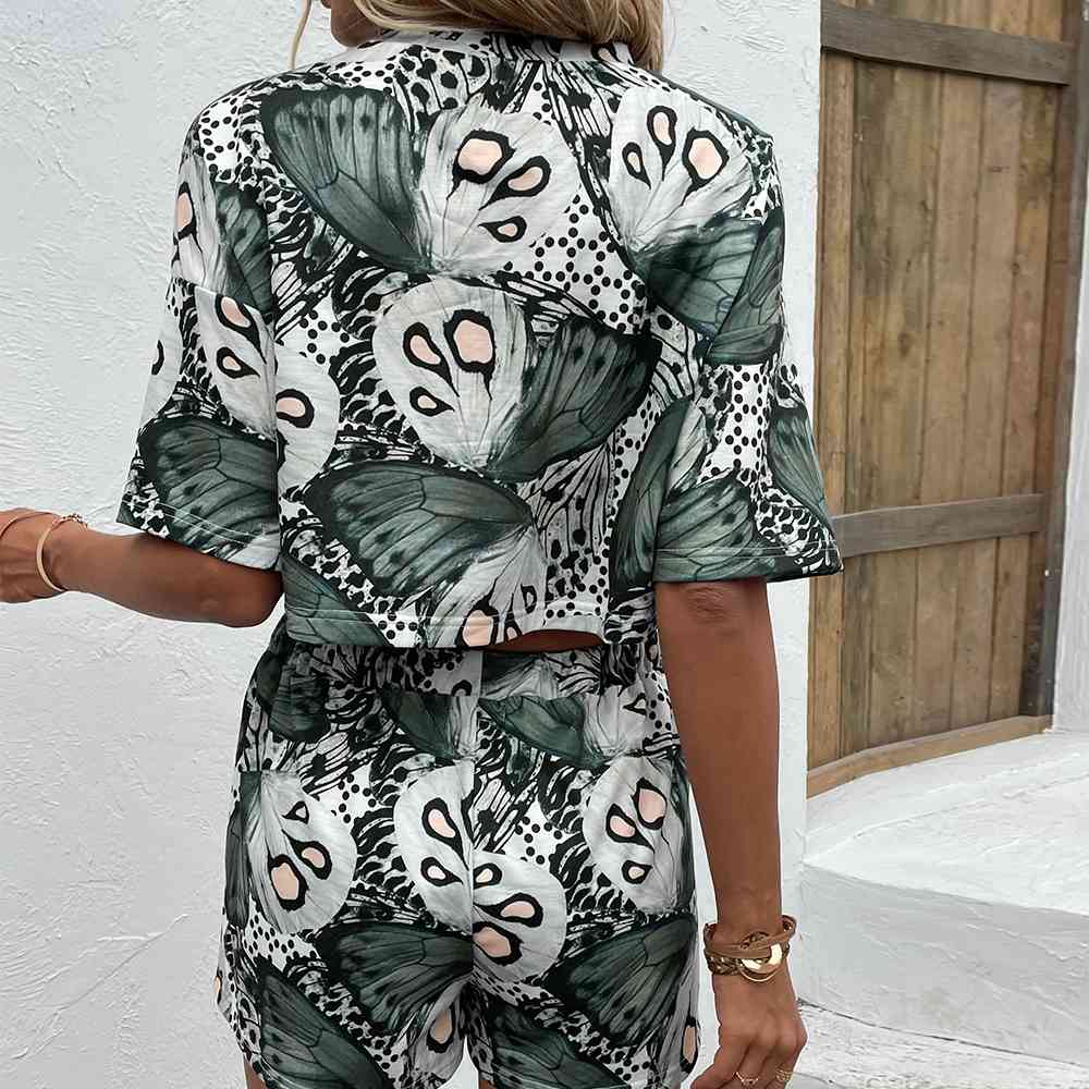 Printed Round Neck Dropped Shoulder Half Sleeve Top and Shorts Set - AllIn Computer