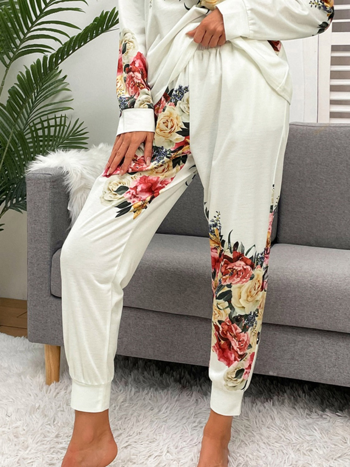 Printed Round Neck Top and Pants Lounge Set - AllIn Computer