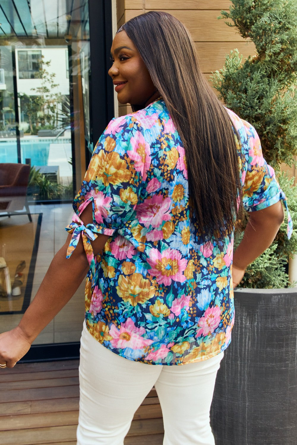 Petal Dew Full Size Floral V-Neck Tie Detail Blouse - AllIn Computer