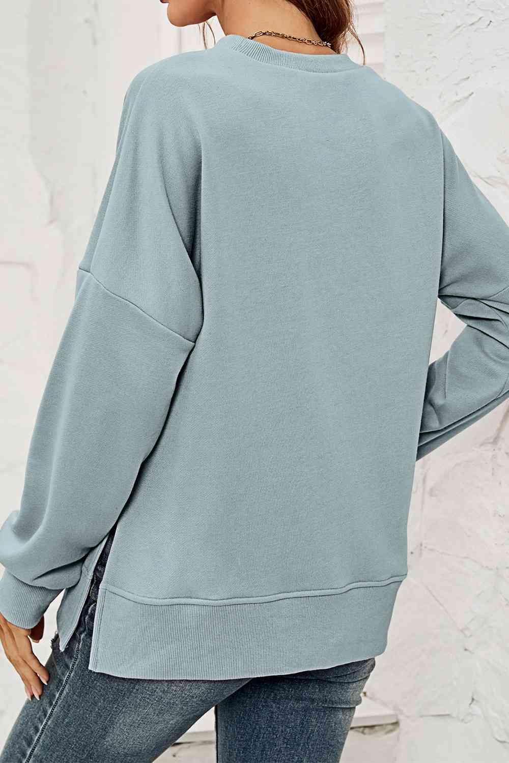 Round Neck Dropped Shoulder Slit Sweatshirt - AllIn Computer