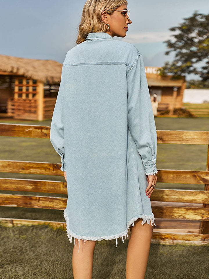 Raw Hem Collared Denim Dress - AllIn Computer