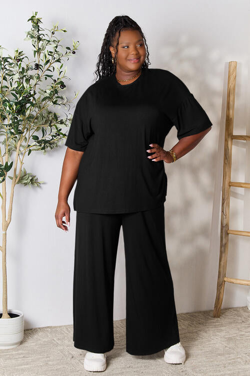 Double Take Full Size Round Neck Slit Top and Pants Set - AllIn Computer