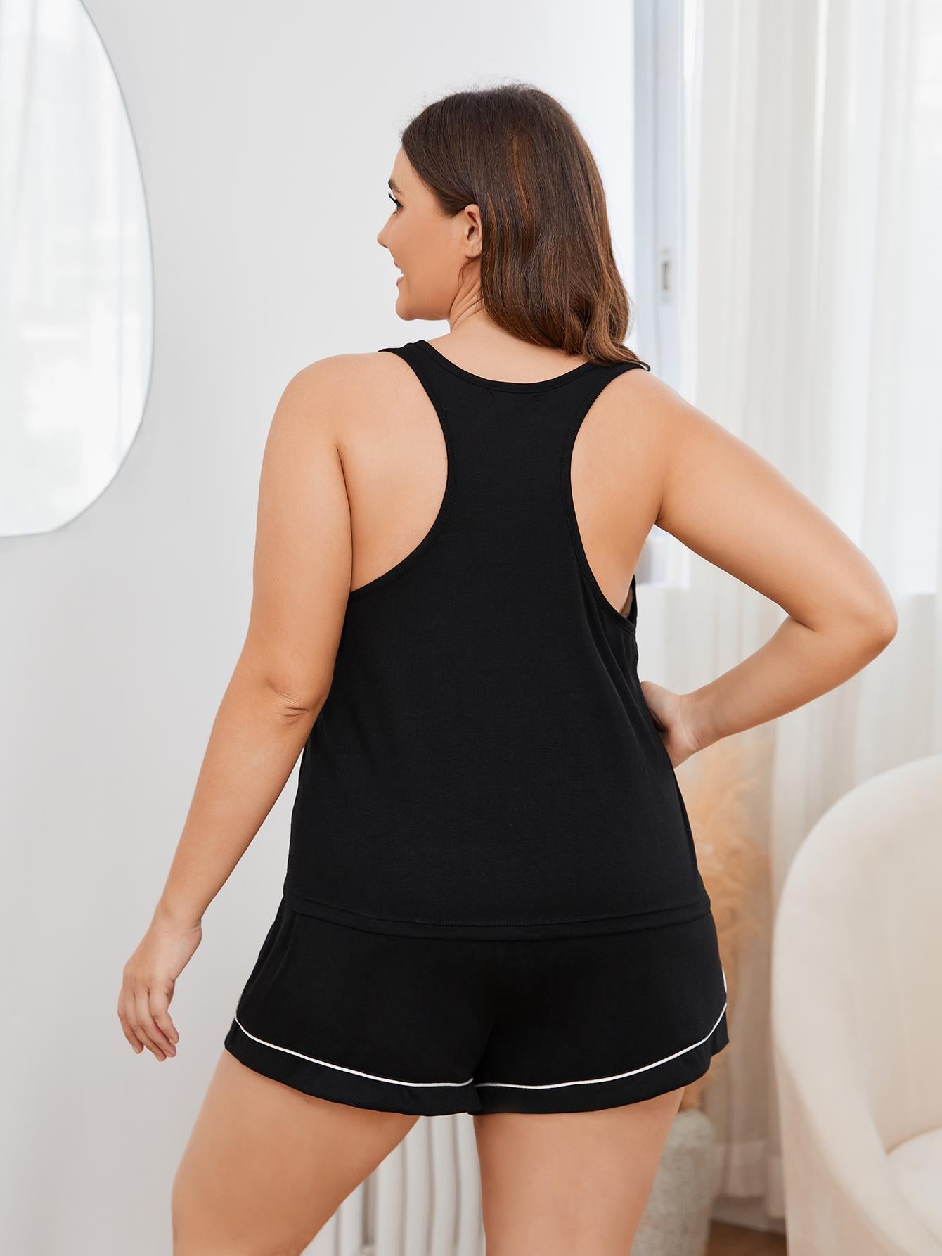 Plus Size Contrast Piping Racerback Tank and Shorts Lounge Set - AllIn Computer