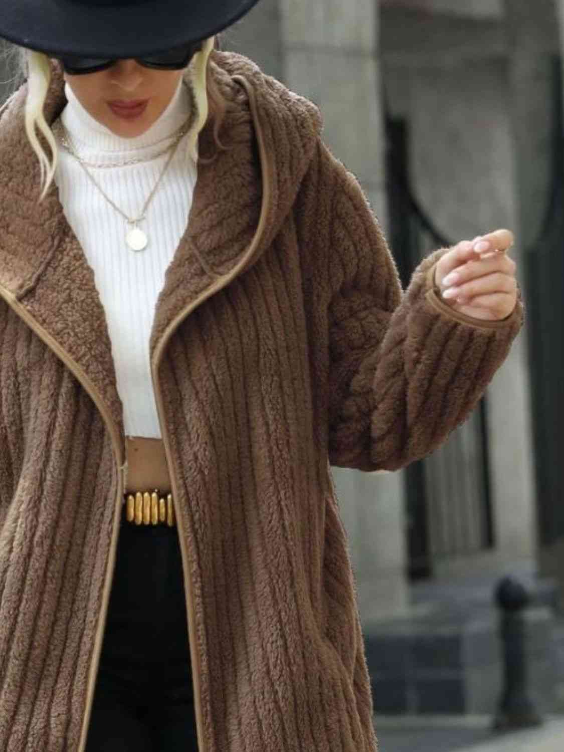 Open Front Ribbed Hooded Coat - AllIn Computer