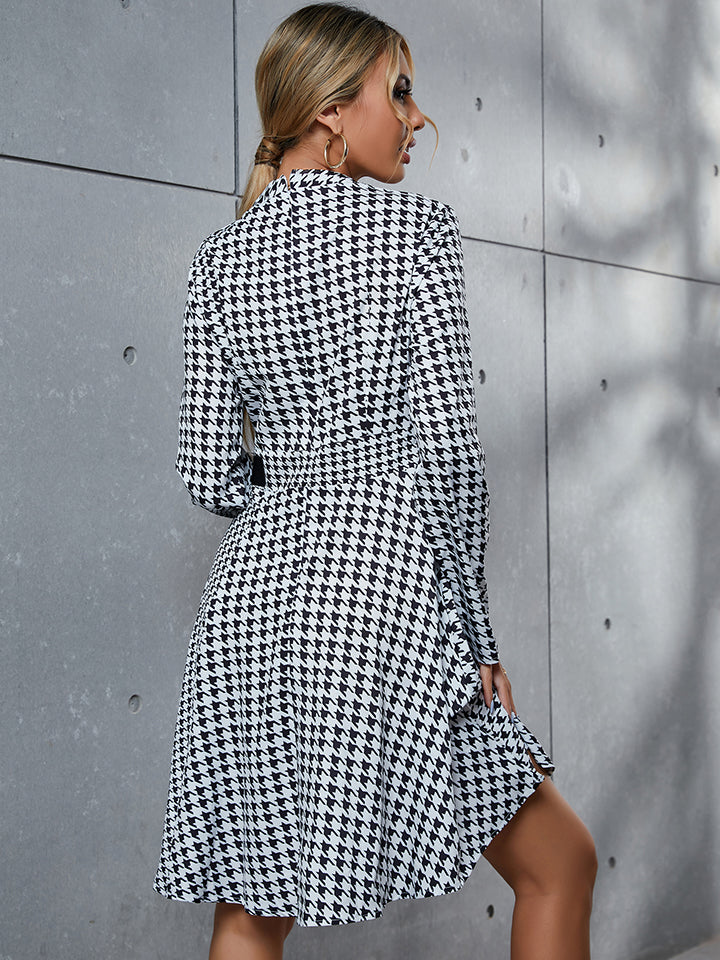 Houndstooth Long Sleeve Round Neck Dress - AllIn Computer
