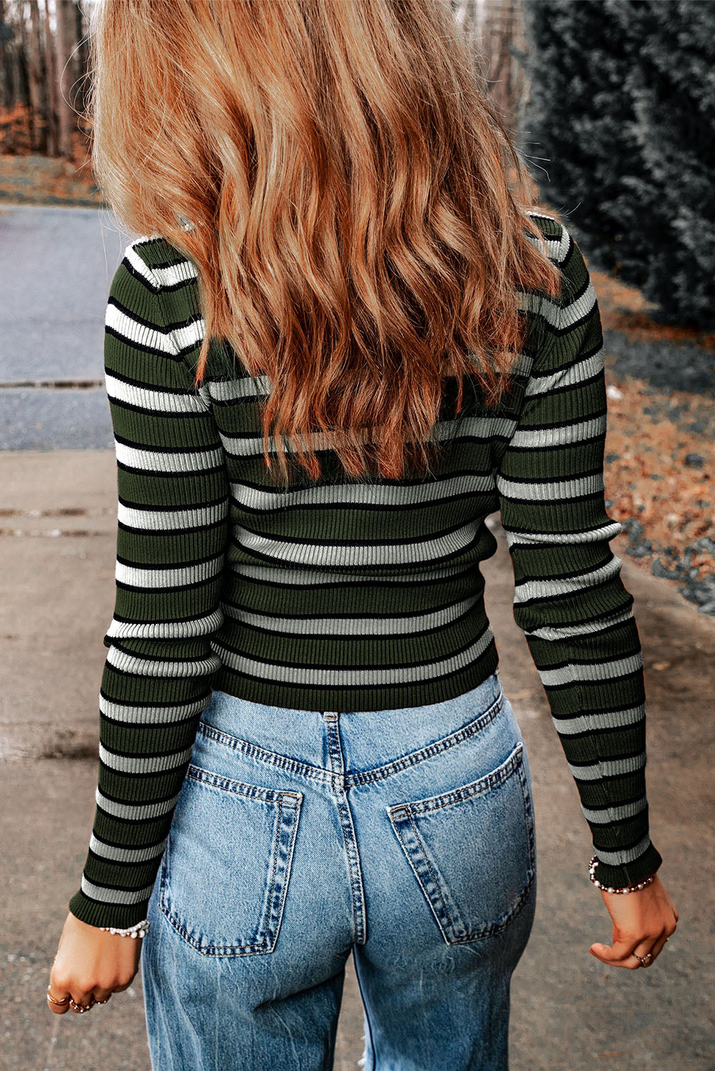 Striped Round Neck Long Sleeve Knit Top - AllIn Computer