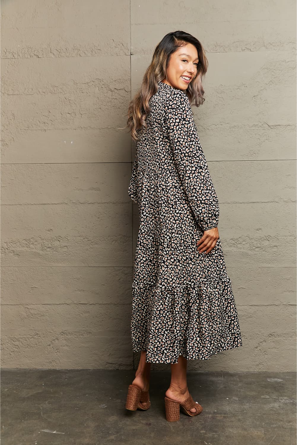Notched Neck Long Sleeve Midi Dress - AllIn Computer
