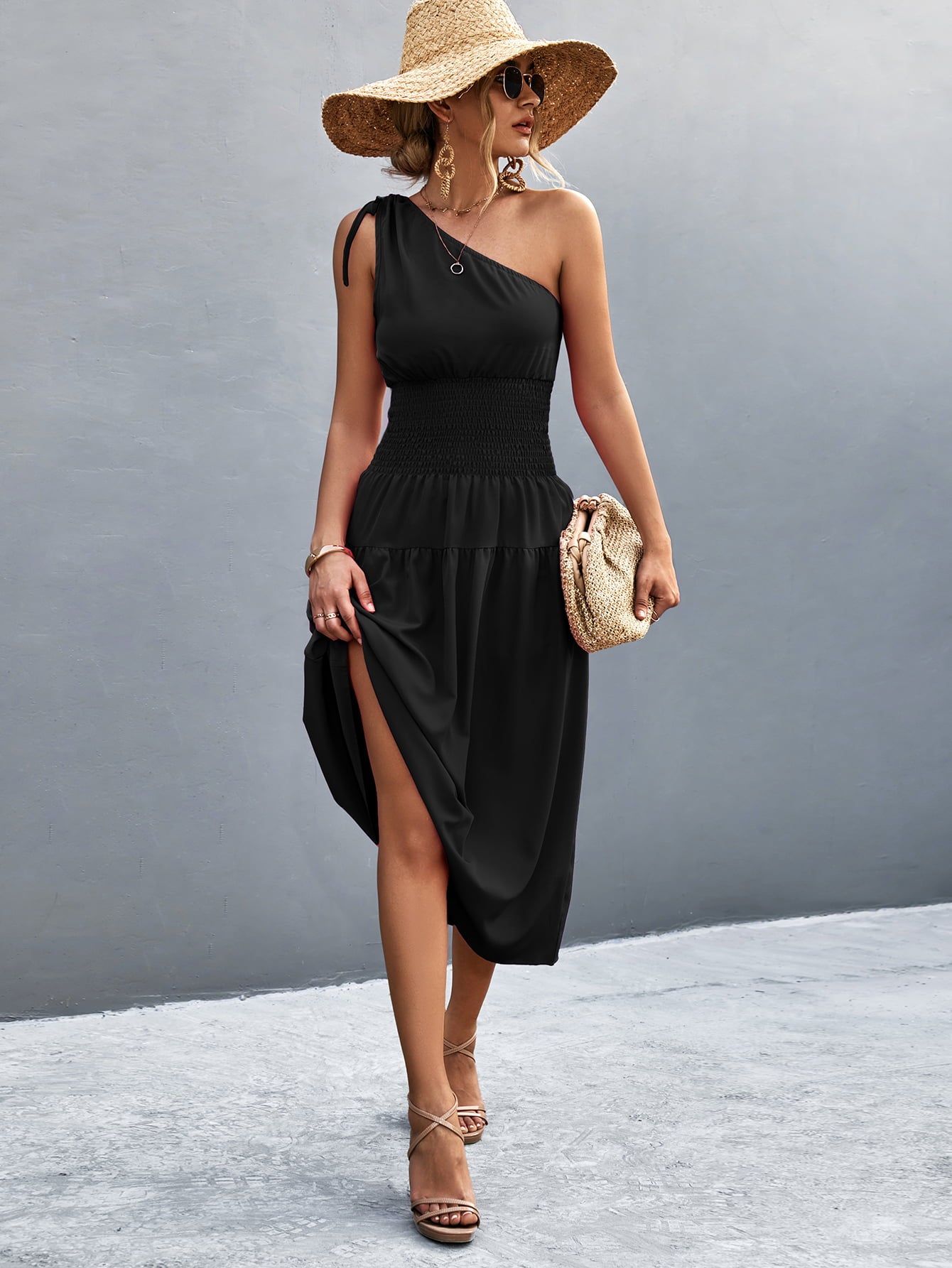 Asymmetrical One Shoulder Smocked Waist Midi Dress - AllIn Computer