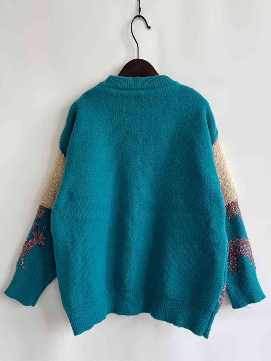 Sequin Christmas Tree & Reindeer Round Neck Sweater - AllIn Computer