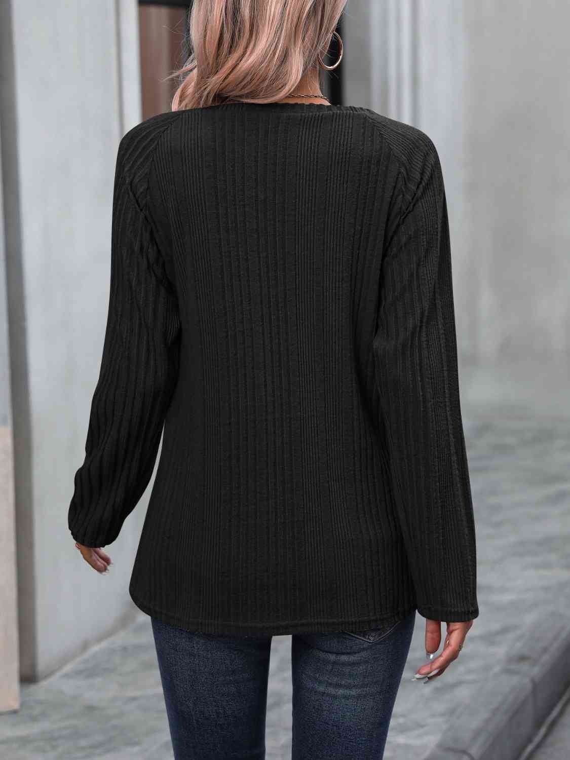 Ribbed Buttoned Round Neck Long Sleeve T-Shirt - AllIn Computer
