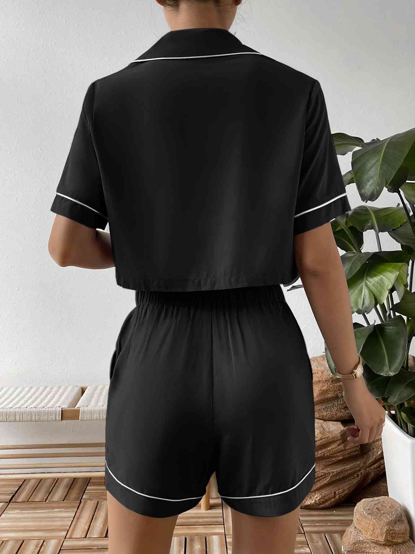 Contrast Lapel Collar Cropped Shirt and Shorts Lounge Set - AllIn Computer