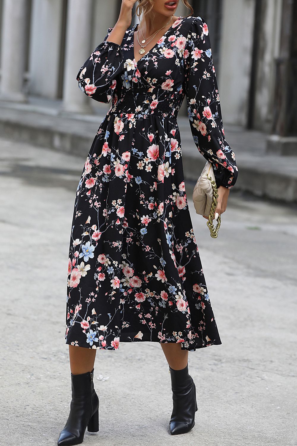 Floral Long Sleeve Surplice Neck Dress - AllIn Computer