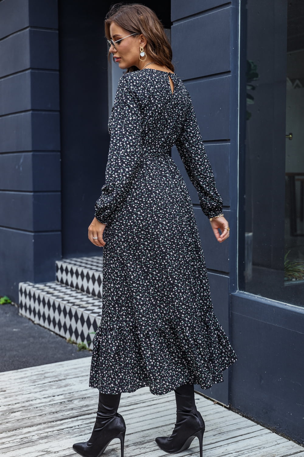 Printed Round Neck Long Sleeve Midi Dress - AllIn Computer