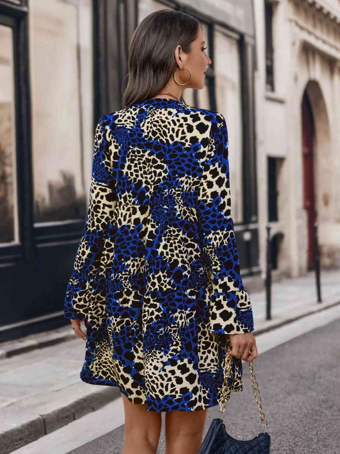 Leopard Notched Long Sleeve Dress - AllIn Computer